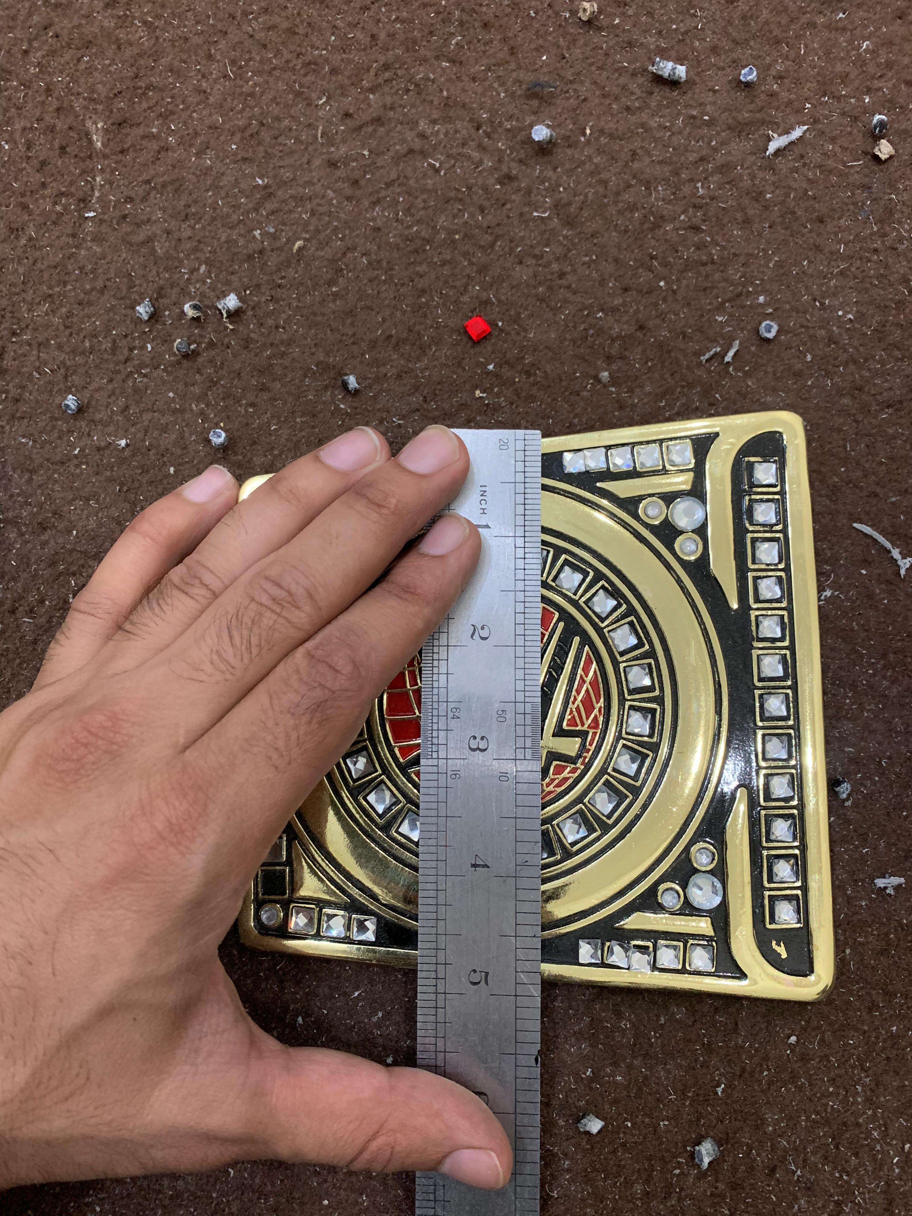 Championship belt fully assembled — plates mounted on leather strap
